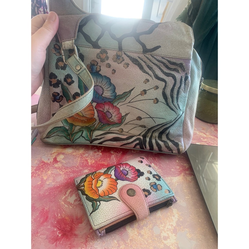 Anuschka Hand Painted Leather Shoulder Bag and Matching Wallet Set Floral Animal